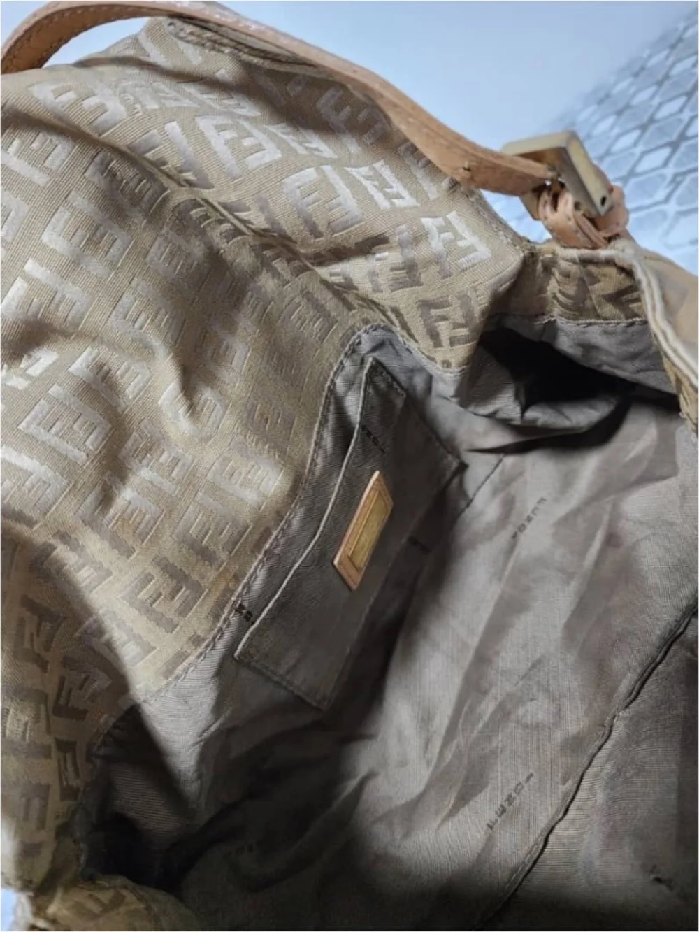 Authentic FENDI Metallic Zucchino Canvas Baguette Bag Gold/Beige